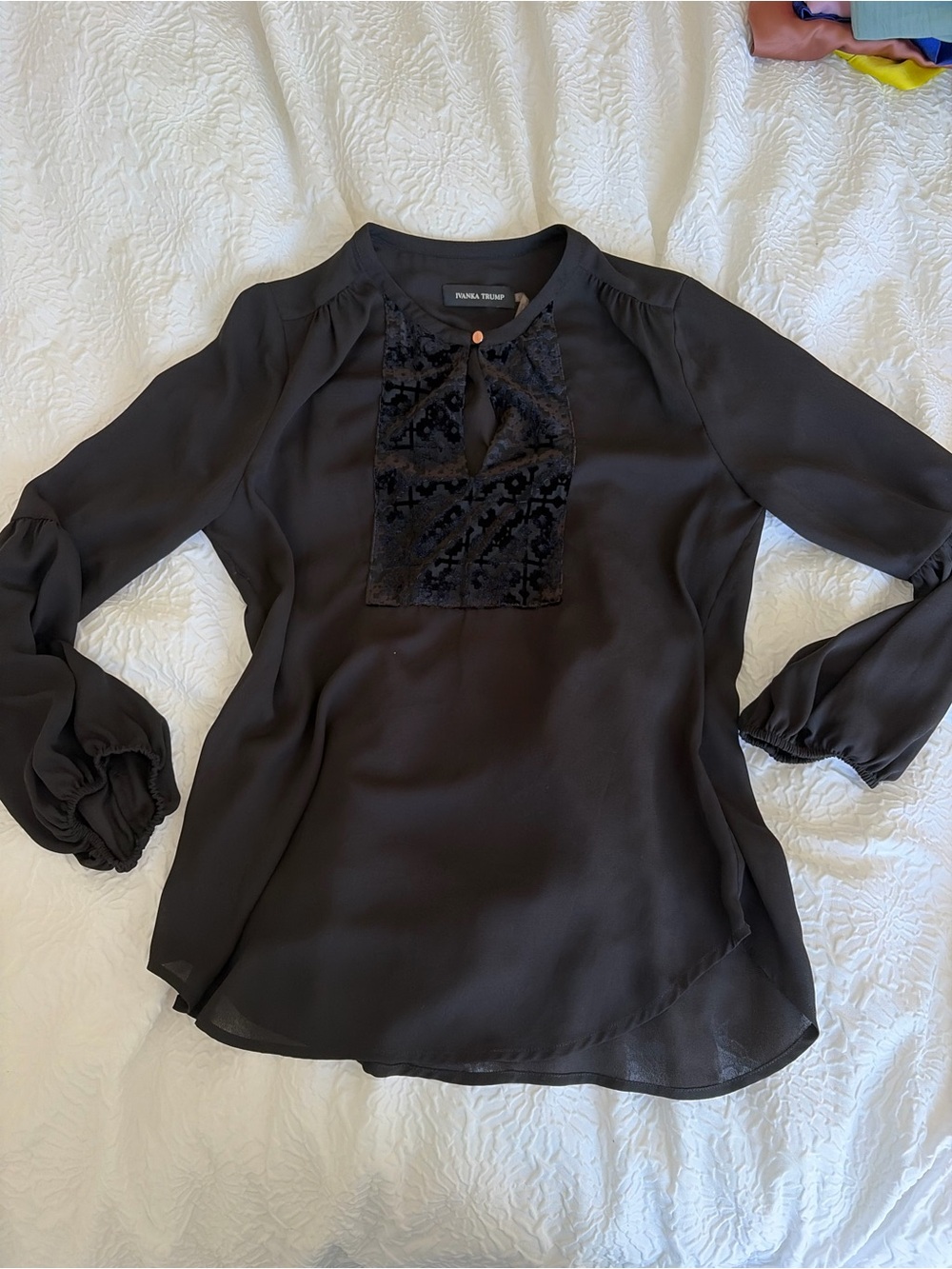 Ivanka Trump Black Silk Blouse with Velvet Yoke
